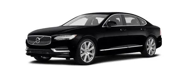 Black Volvo sedan on a white background.