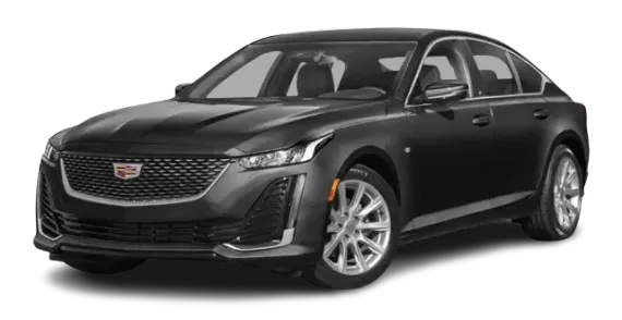 Black Cadillac sedan, angled view, front.