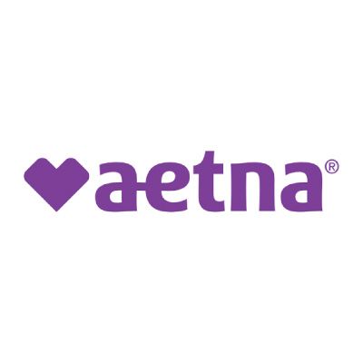 The aetna logo is purple and has a heart in the middle.