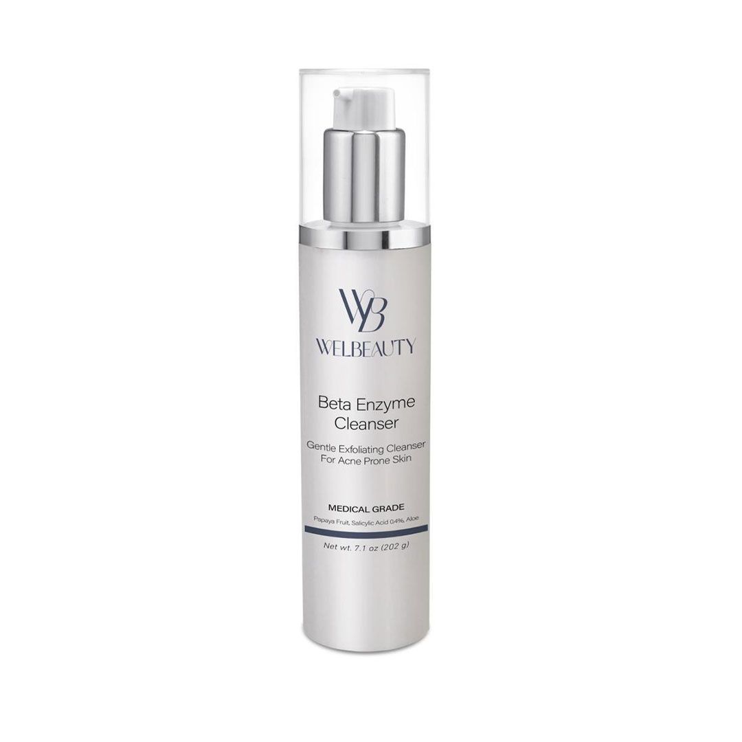 A white bottle of w3 beauty lotion on a white background