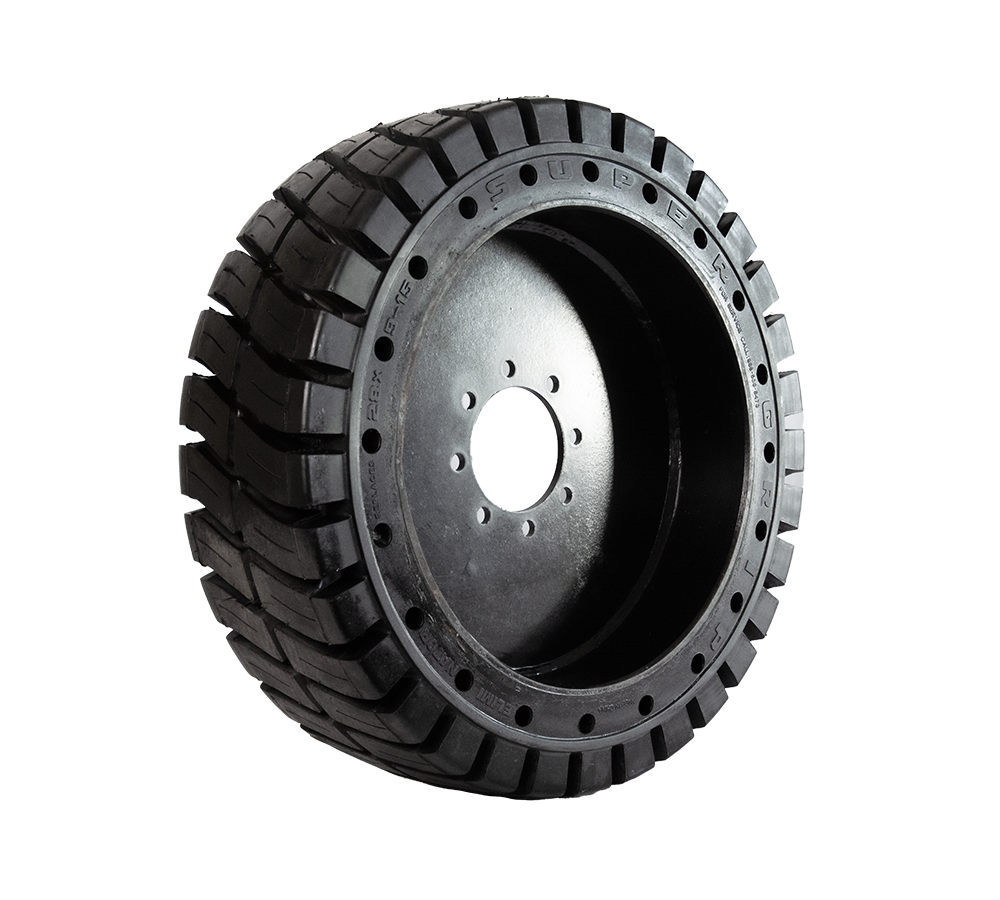 A close up of a black tire on a white background