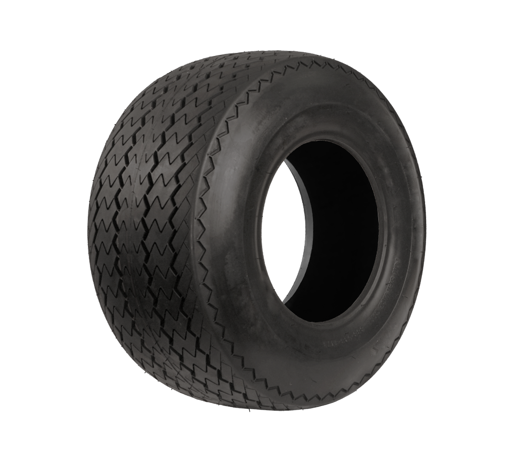 A close up of a golf cart tire on a white background