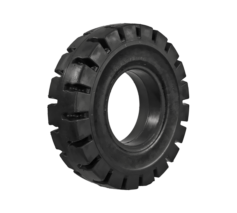 A close up of a solid port black tire on a white background