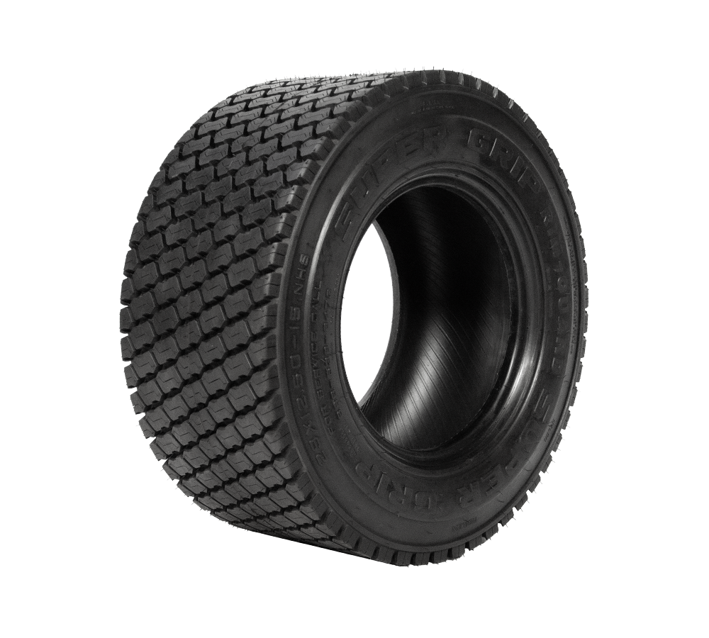 A close up of a turf tire on a white background