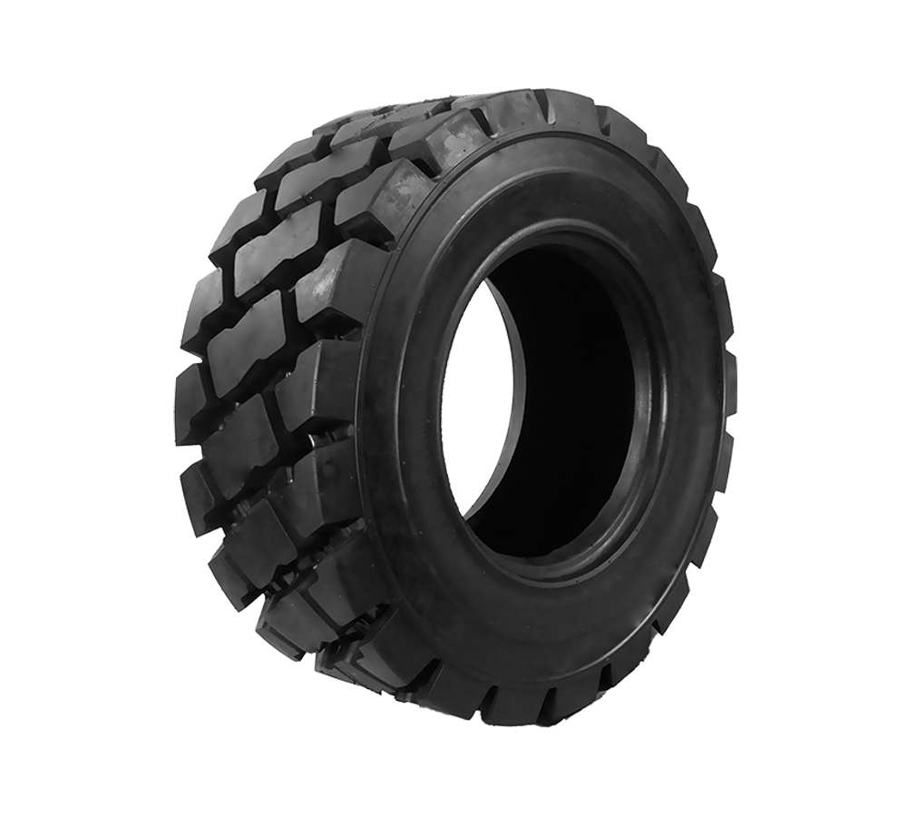 A close up of a severe duty non directional tire on a white background