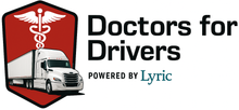 Black semi-truck with a stethoscope wrapped around a red cross; 