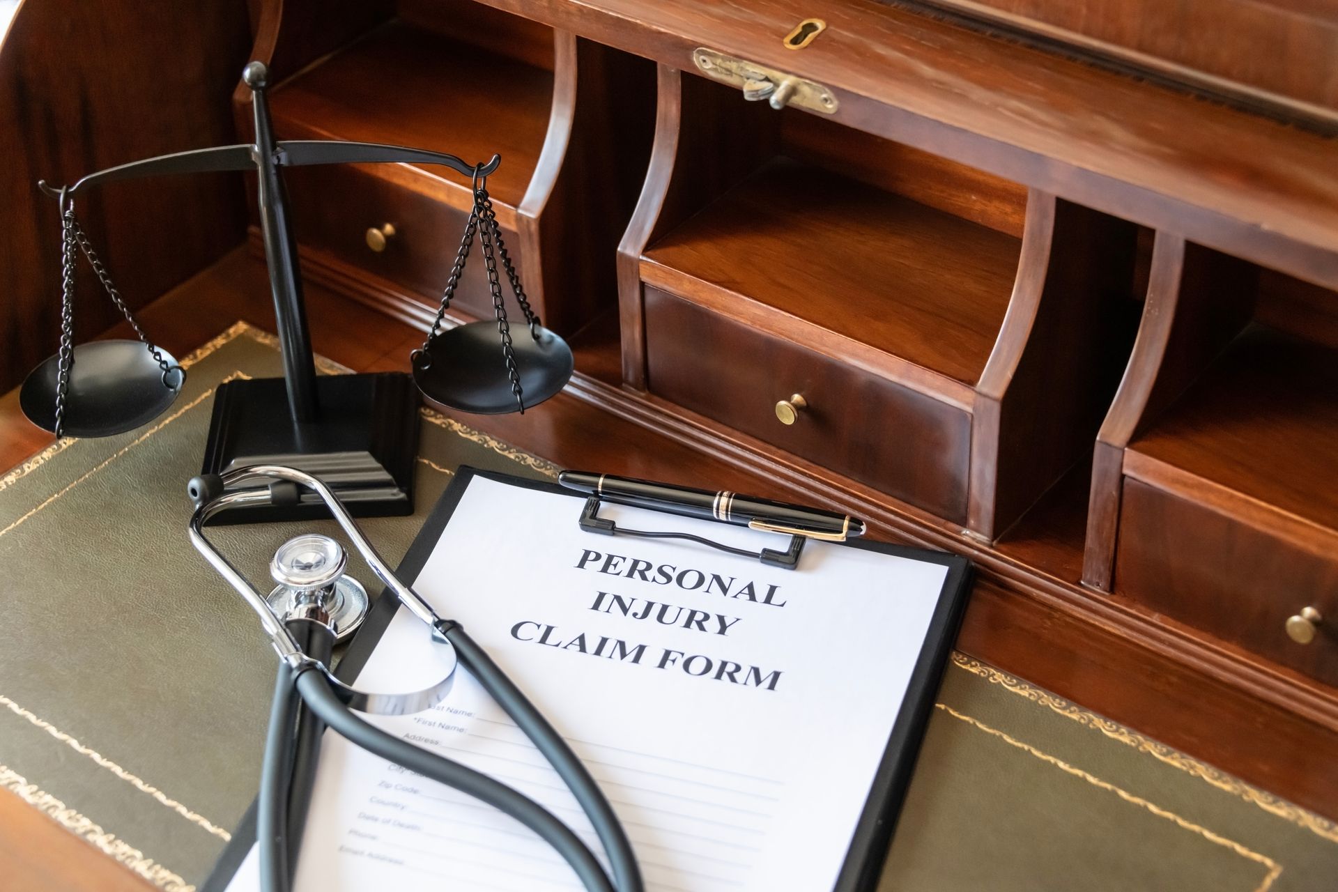 A compensation claims form on a lawyer's desk with a doctor’s stethoscope and scales besides it.