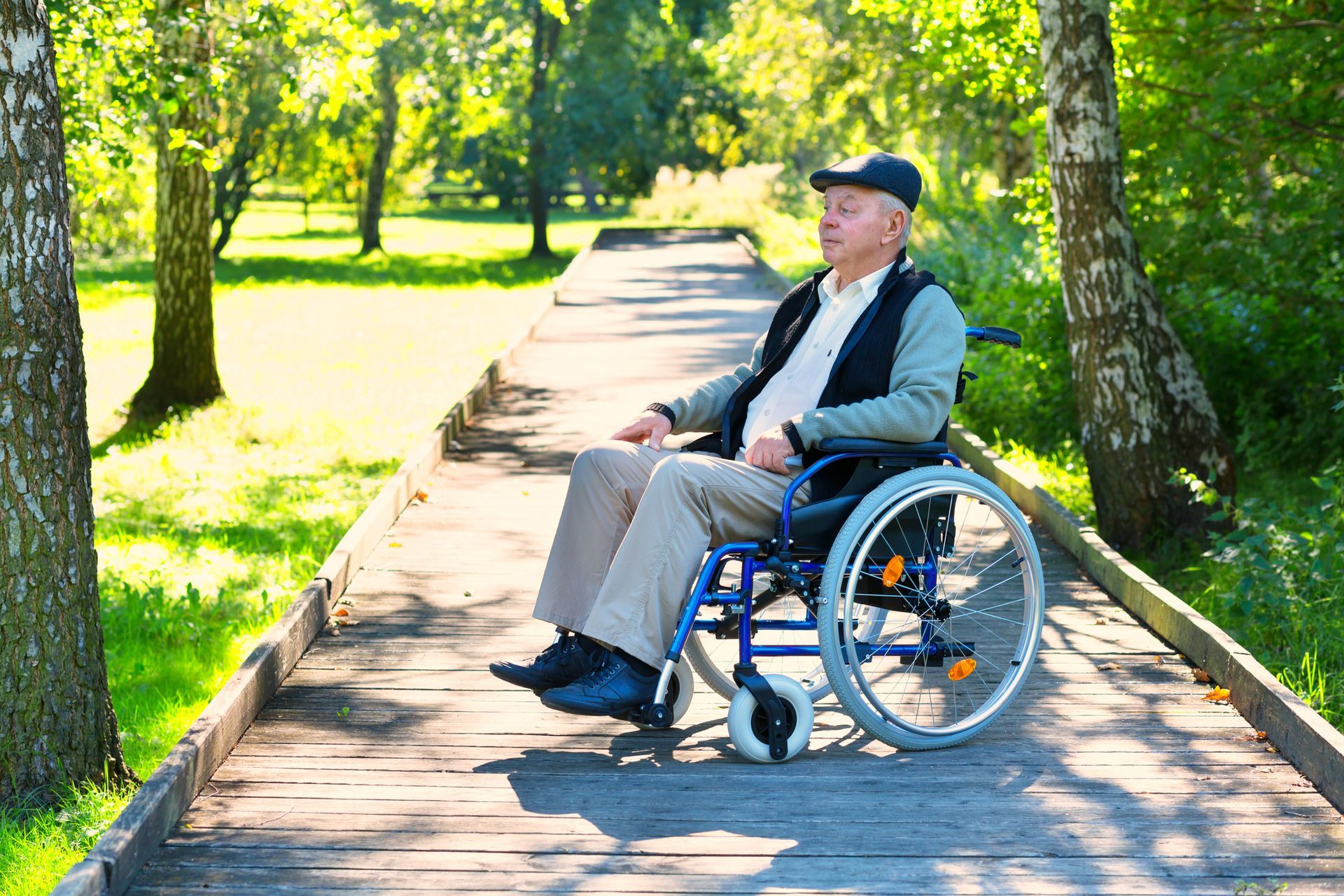 Man in wheelchair on a wooden path in a park; sunny day.