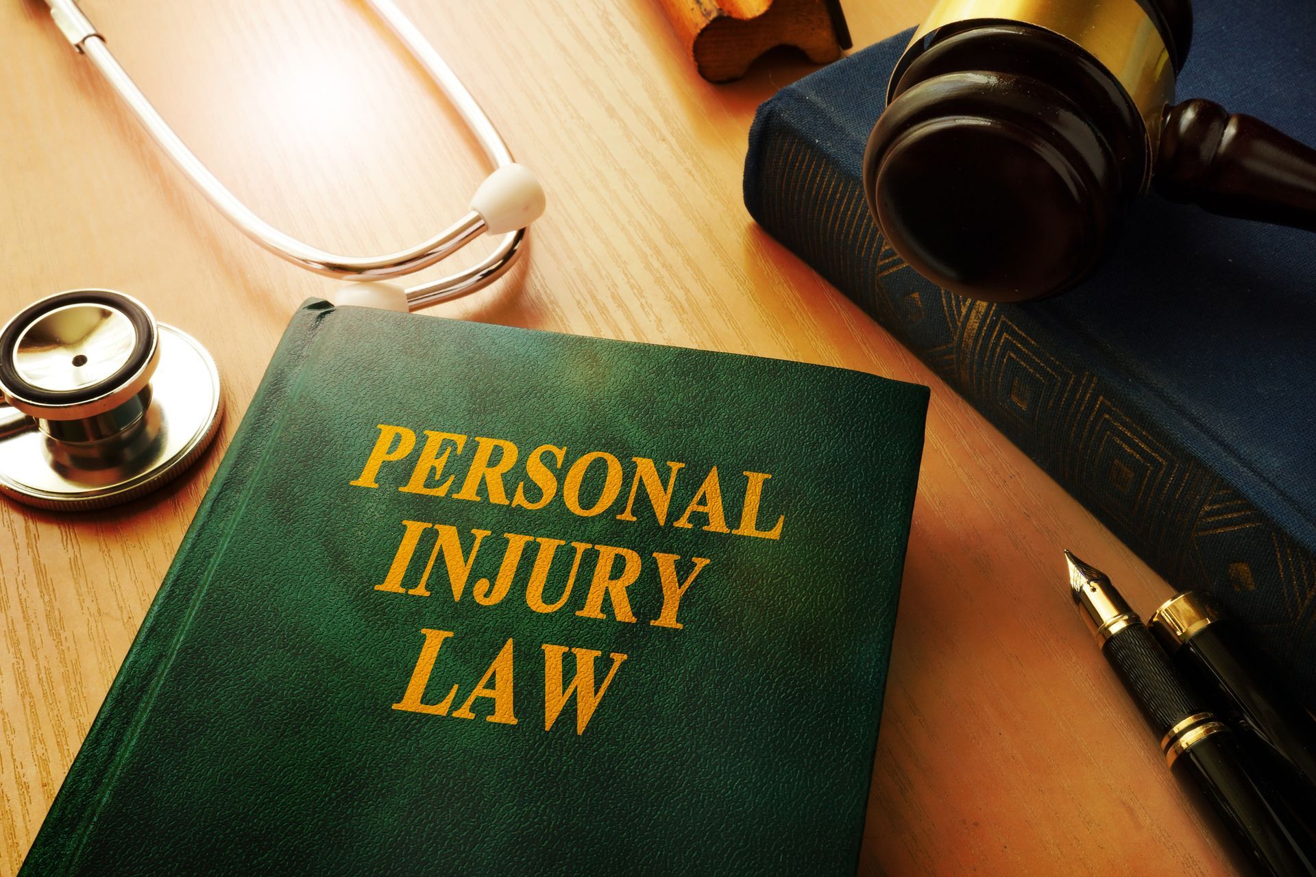 A green personal injury law book next to a gavel, stethoscope, and pen on a table