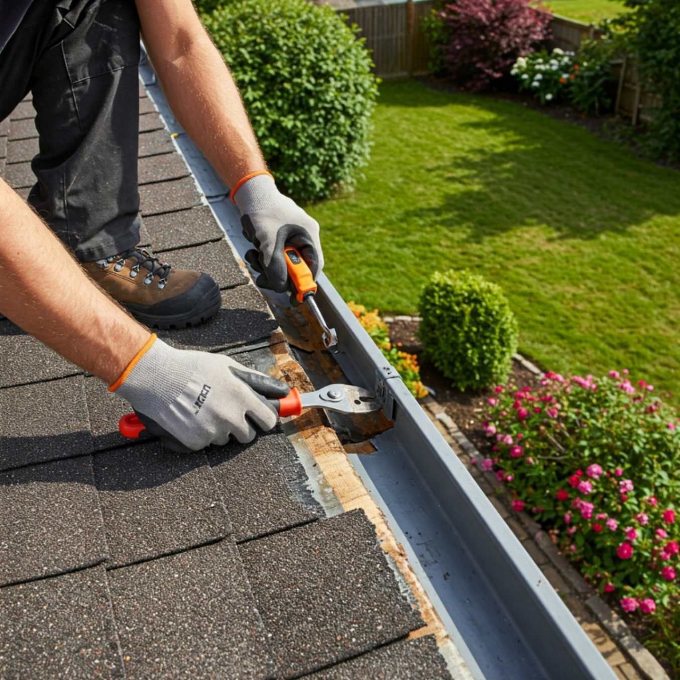 A man is fixing a gutter on the roof — Boise, ID — Elite Seamless Rain Gutter LLC