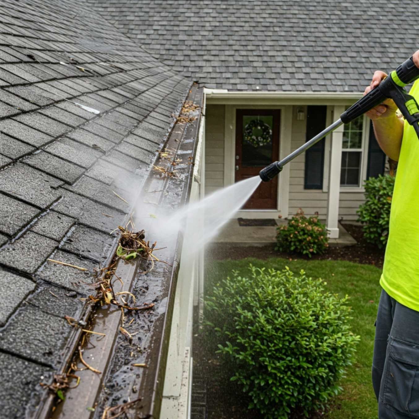 A man is cleaning a gutter — Boise, ID — Elite Seamless Rain Gutter LLC