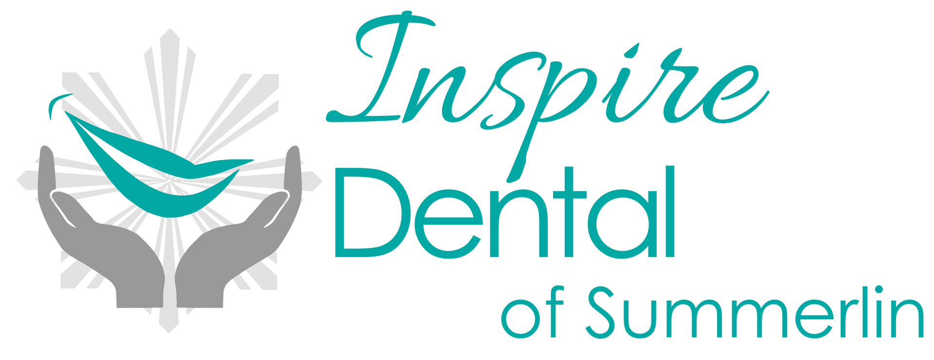 Logo for Inspire Dental of Summerlin: stylized teal smile within two gray hands, with teal text