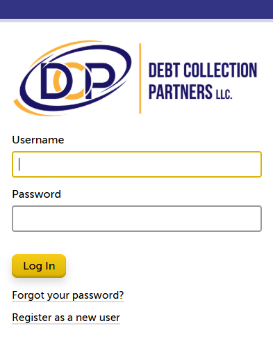 Login form for Debt Collection Partners LLC, with username and password fields.