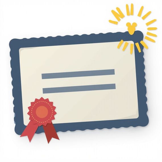 Certificate with blue border, red ribbon, and yellow lightburst above. Two horizontal lines across center.