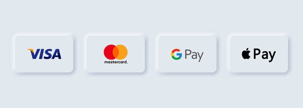 Logos of Visa, MasterCard, PayPal, Google Pay, and Apple Pay representing various payment methods accepted.