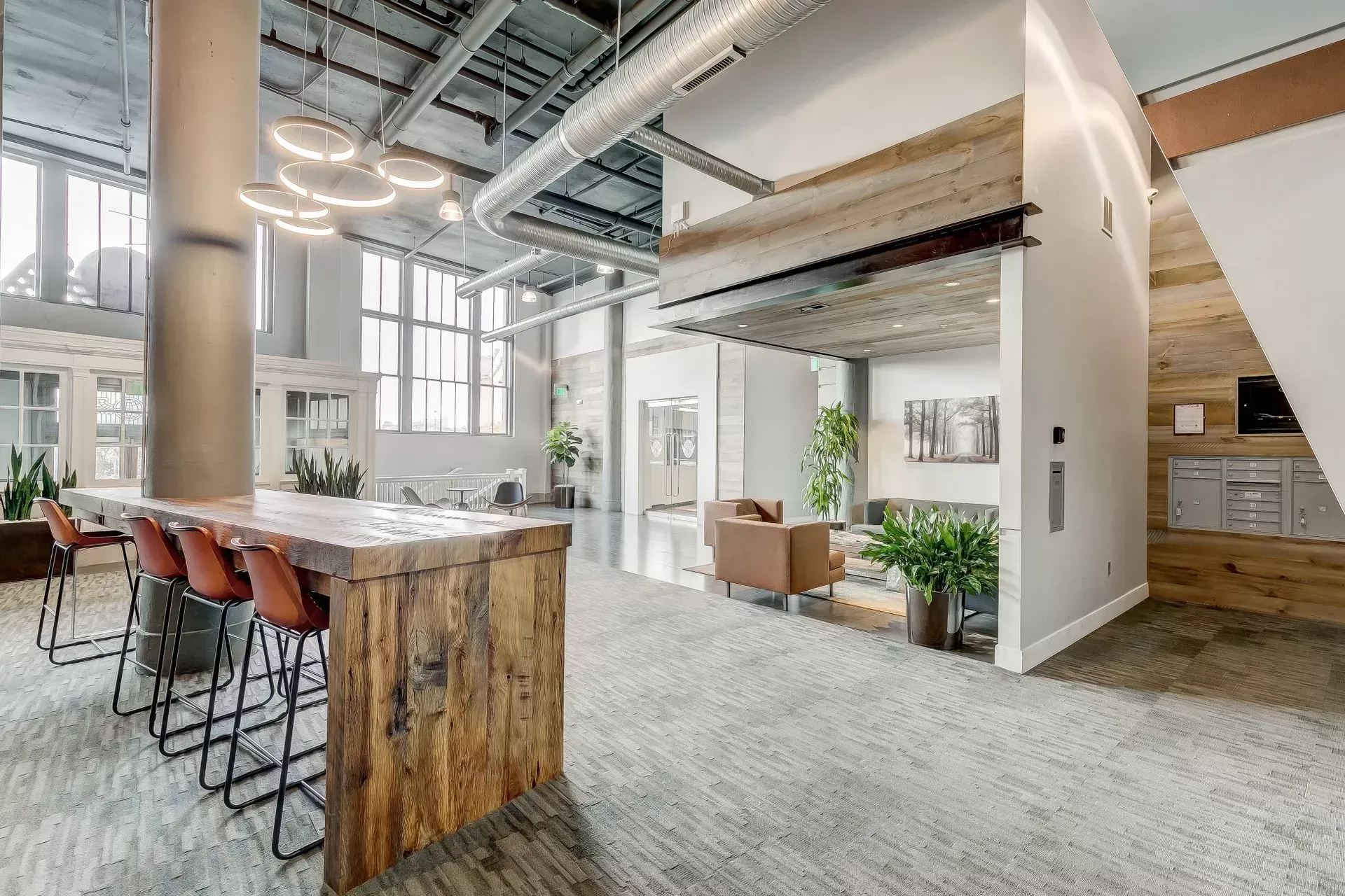 a large room with couch