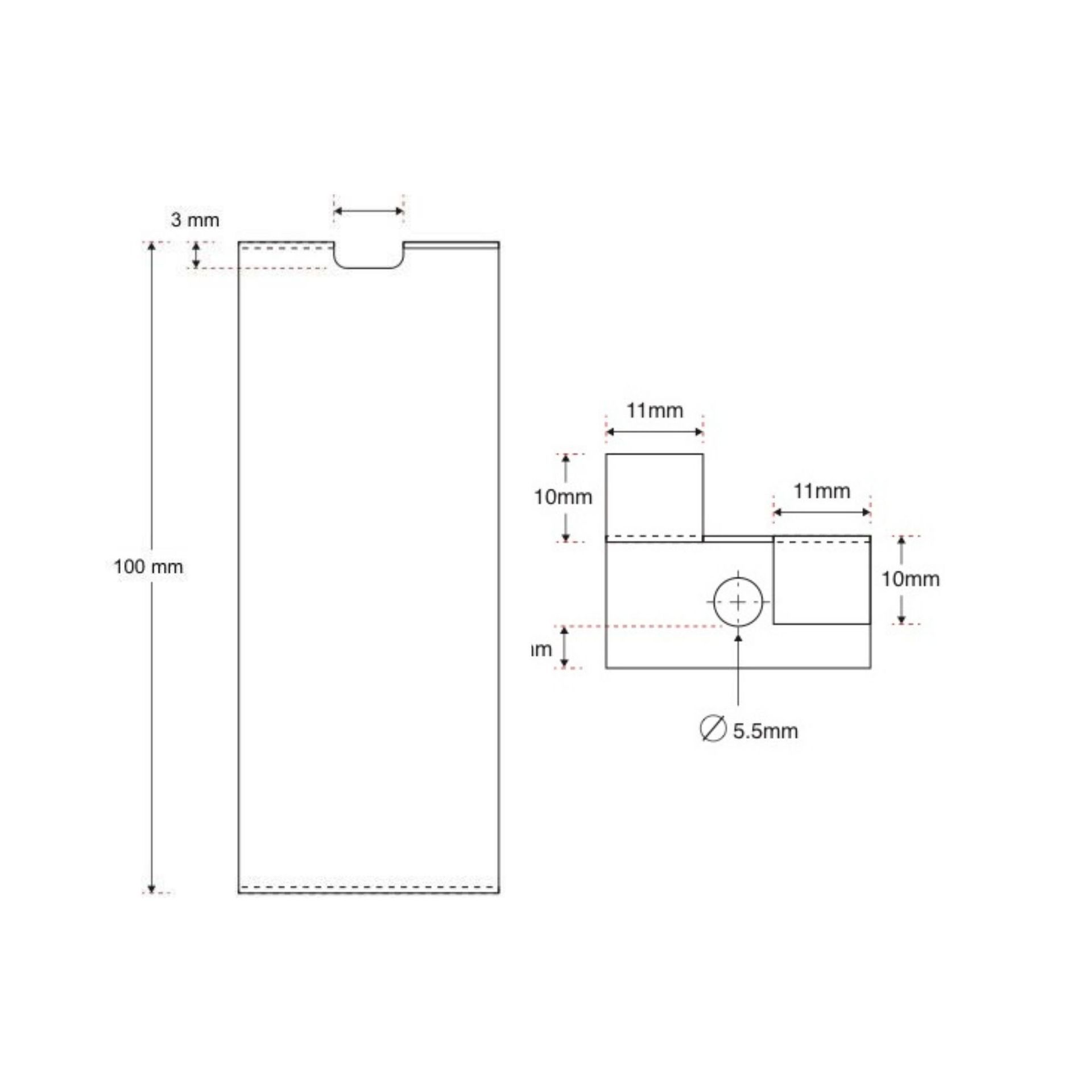 Isometric view of a stone clip bracket with a hole and two upward tabs.