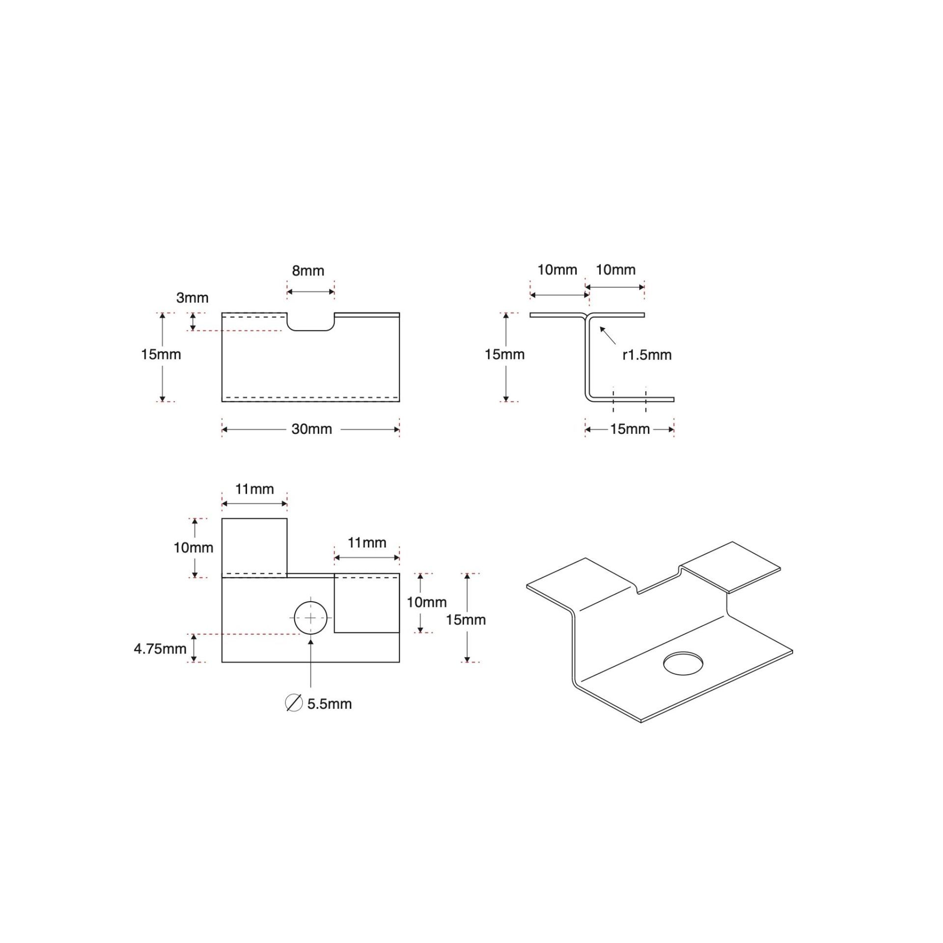 Metal bracket with a base and two extending tabs, and a central hole.