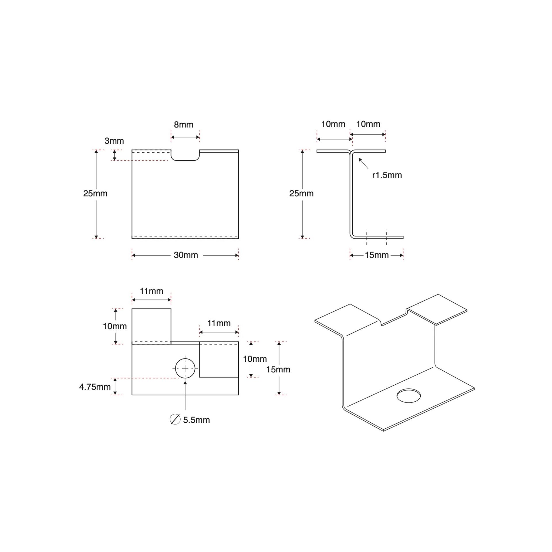 Metal bracket with a base, sides, and top tabs; a hole is present in the base.