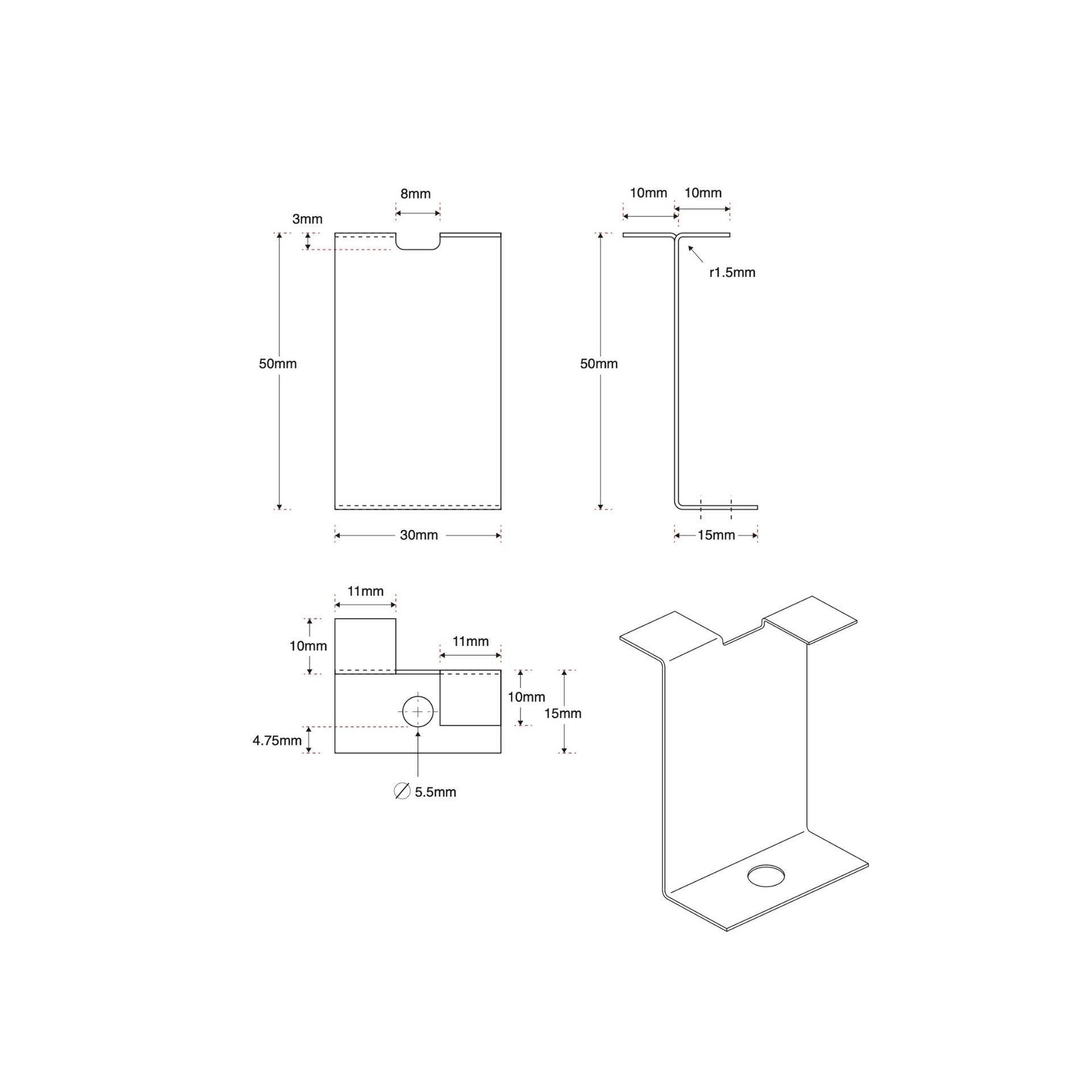 Stone clip Metal bracket with a base, two side pieces, and top tabs. Hole in the base.
