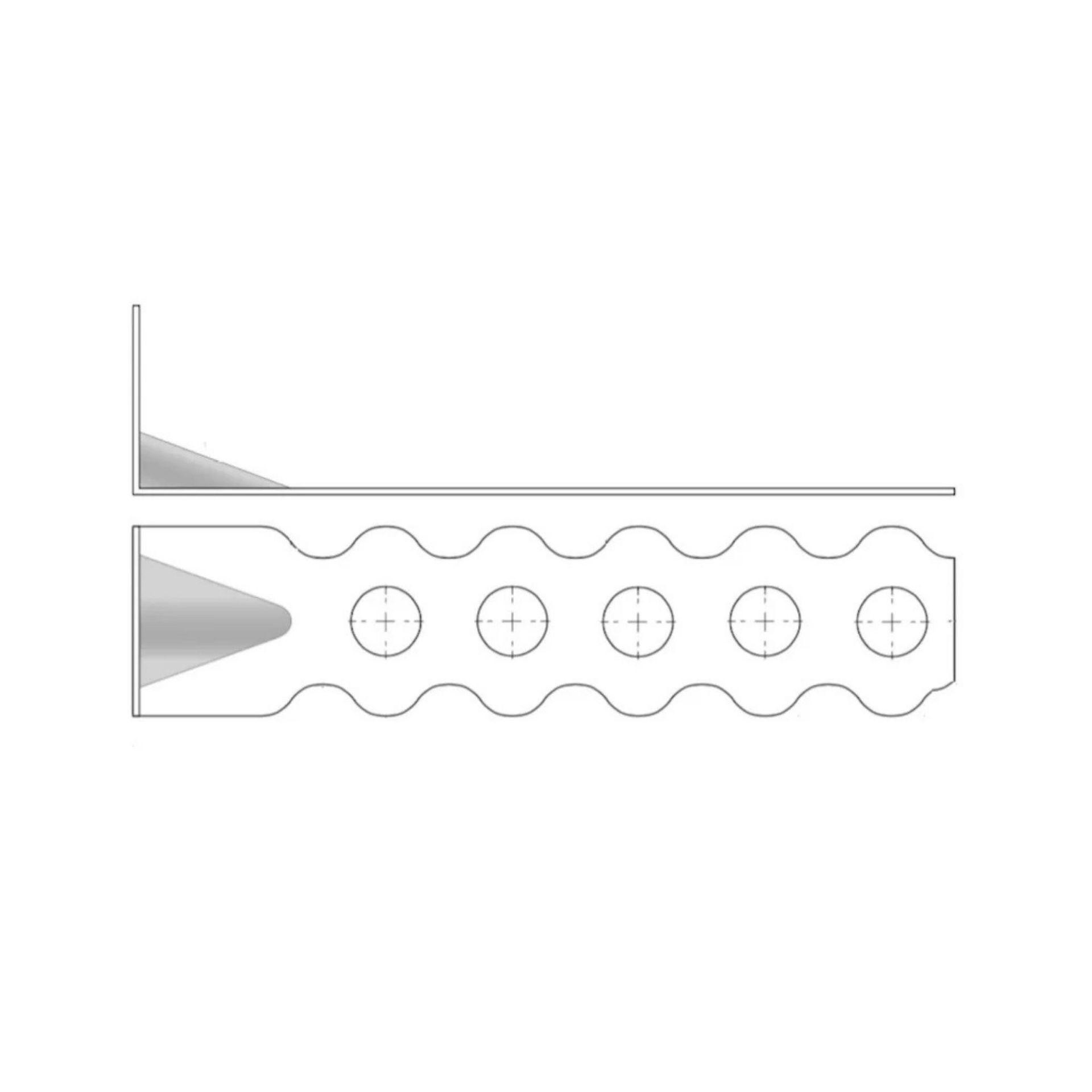 Diagram of a metal stone tie with multiple circular holes and a pointed wedge shape on one end.