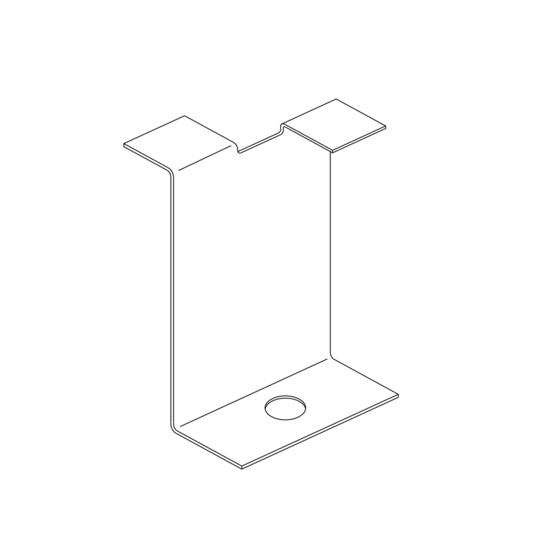 Stone clip Metal bracket with a base, two side pieces, and top tabs. Hole in the base.