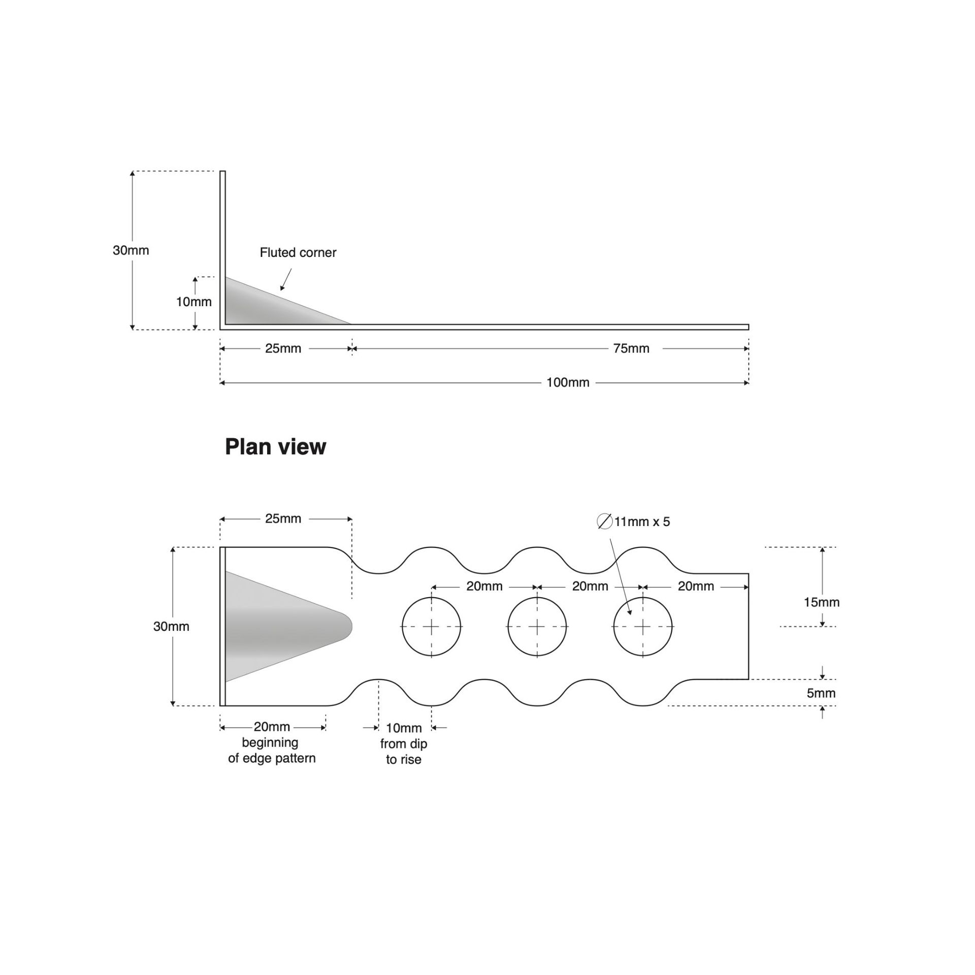 Diagram of a metal stone tie with multiple circular holes and a pointed wedge shape on one end.