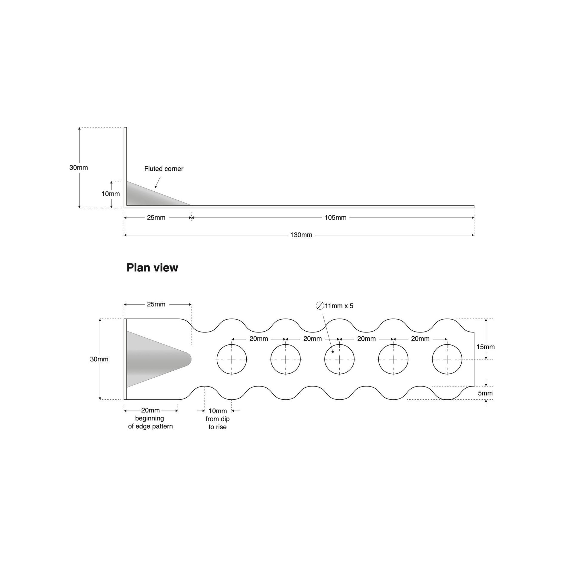 Top and side view of a metal bracket with multiple circular holes and a bent edge.