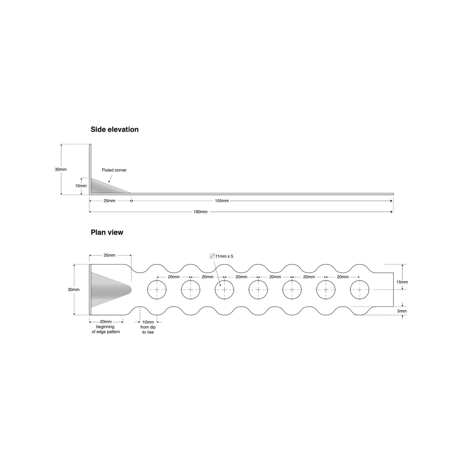 Diagram of a stone tie metal bracket with holes and a side view showing a folded edge, likely for structural support.