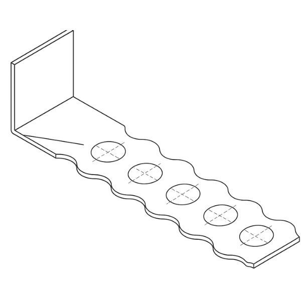 Isometric view of a stone tie metal bracket with a scalloped edge and five holes.