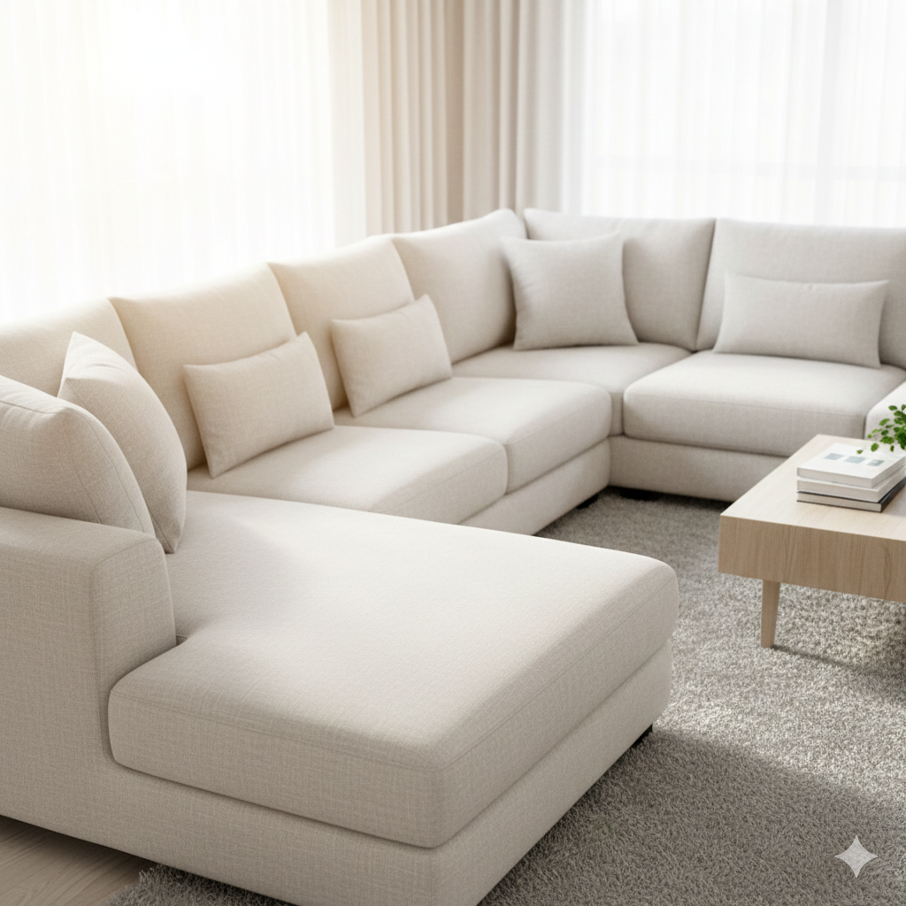 Cream-colored sectional sofa in a bright living room, with throw pillows and a low coffee table.