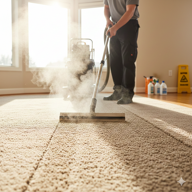 Person steam cleaning a beige carpet with a steam cleaner in a sunny room.