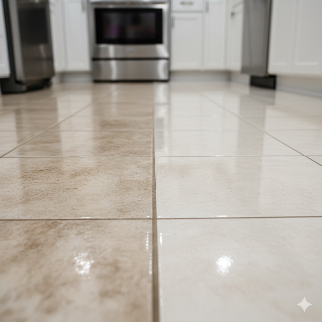 Tiled kitchen floor, half dirty and half clean, showing a comparison with a stove and cabinets in the background.
