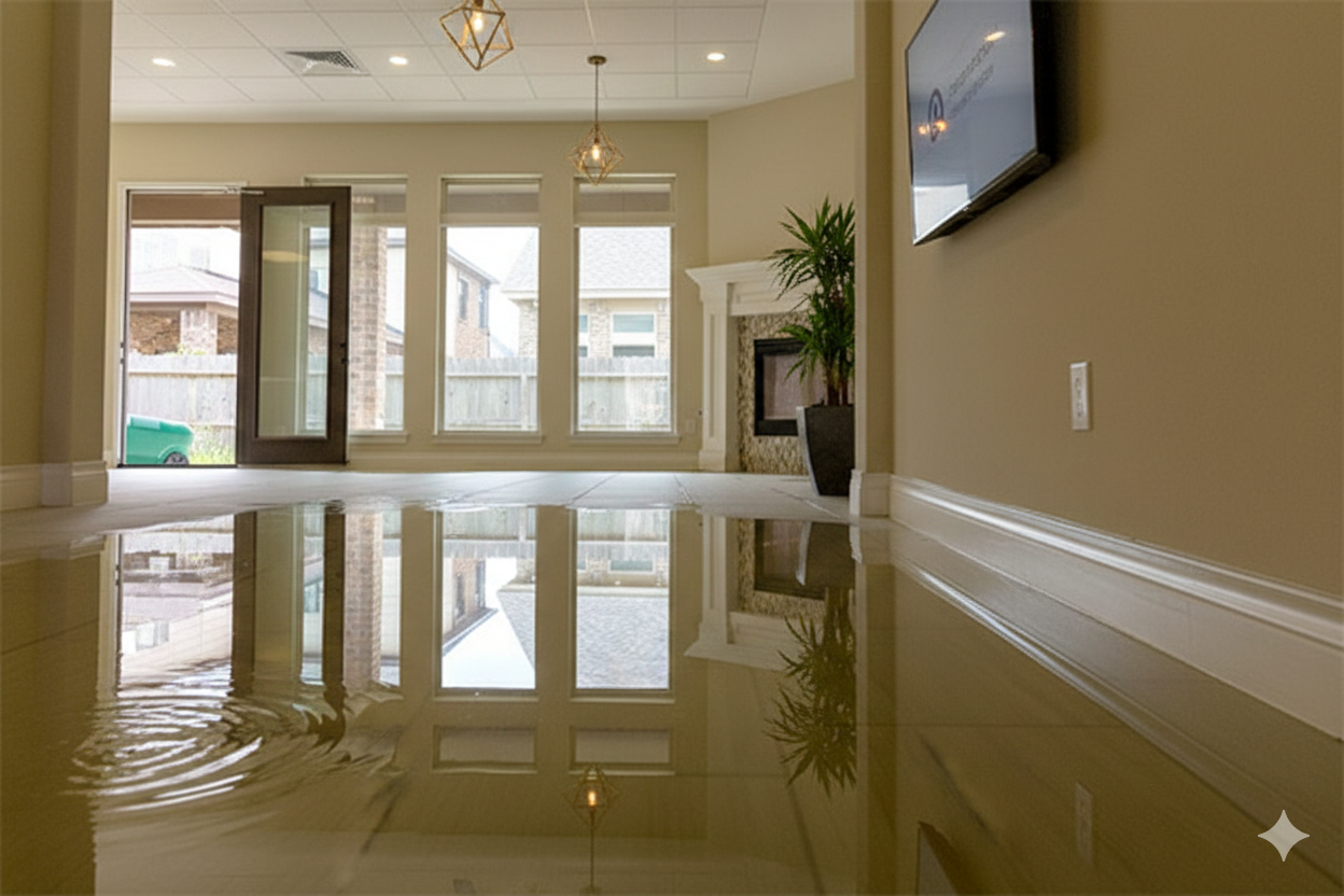 Living room flooded with water, reflecting the windows, fireplace, and furniture.