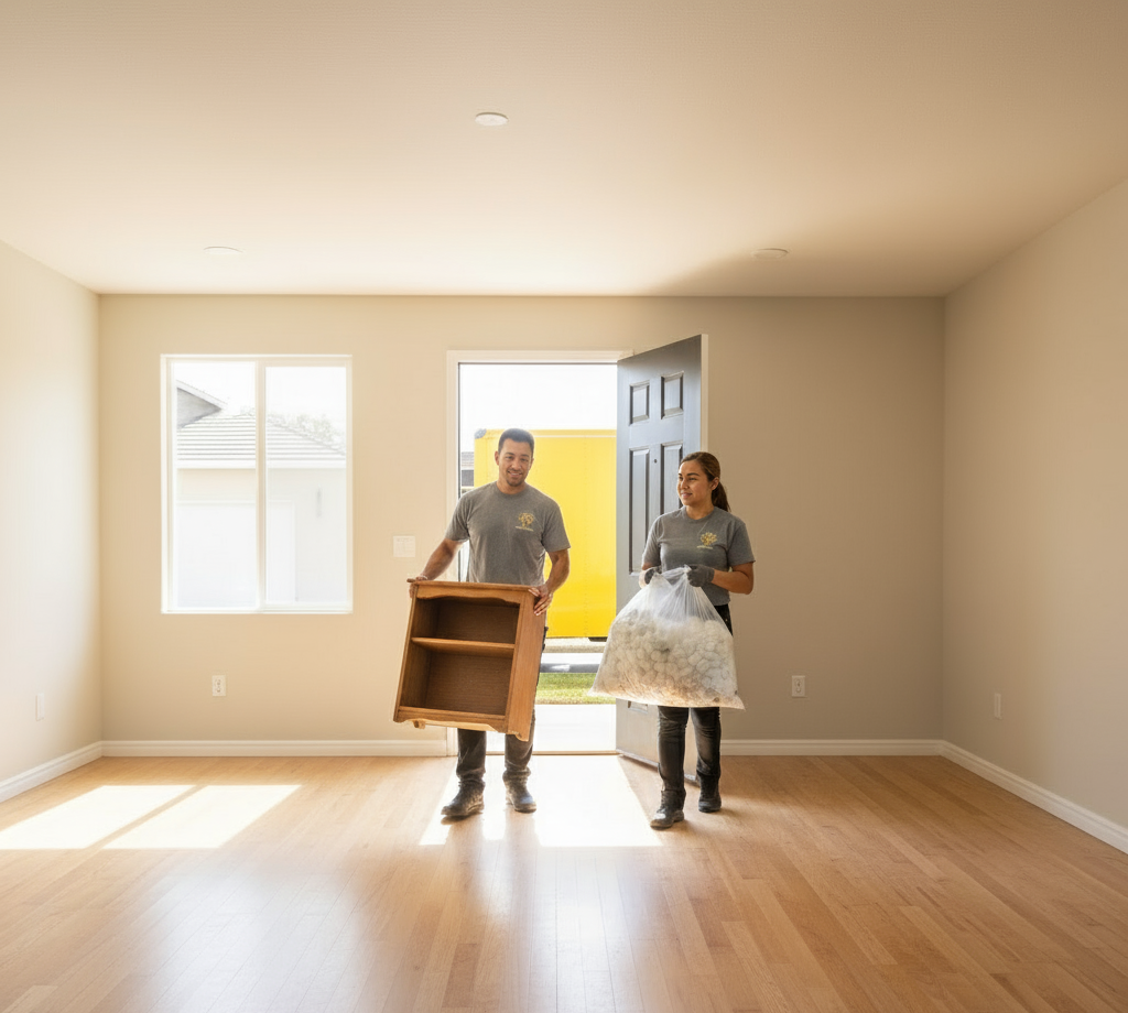 Two people carrying items out of an empty room with a wooden floor.
