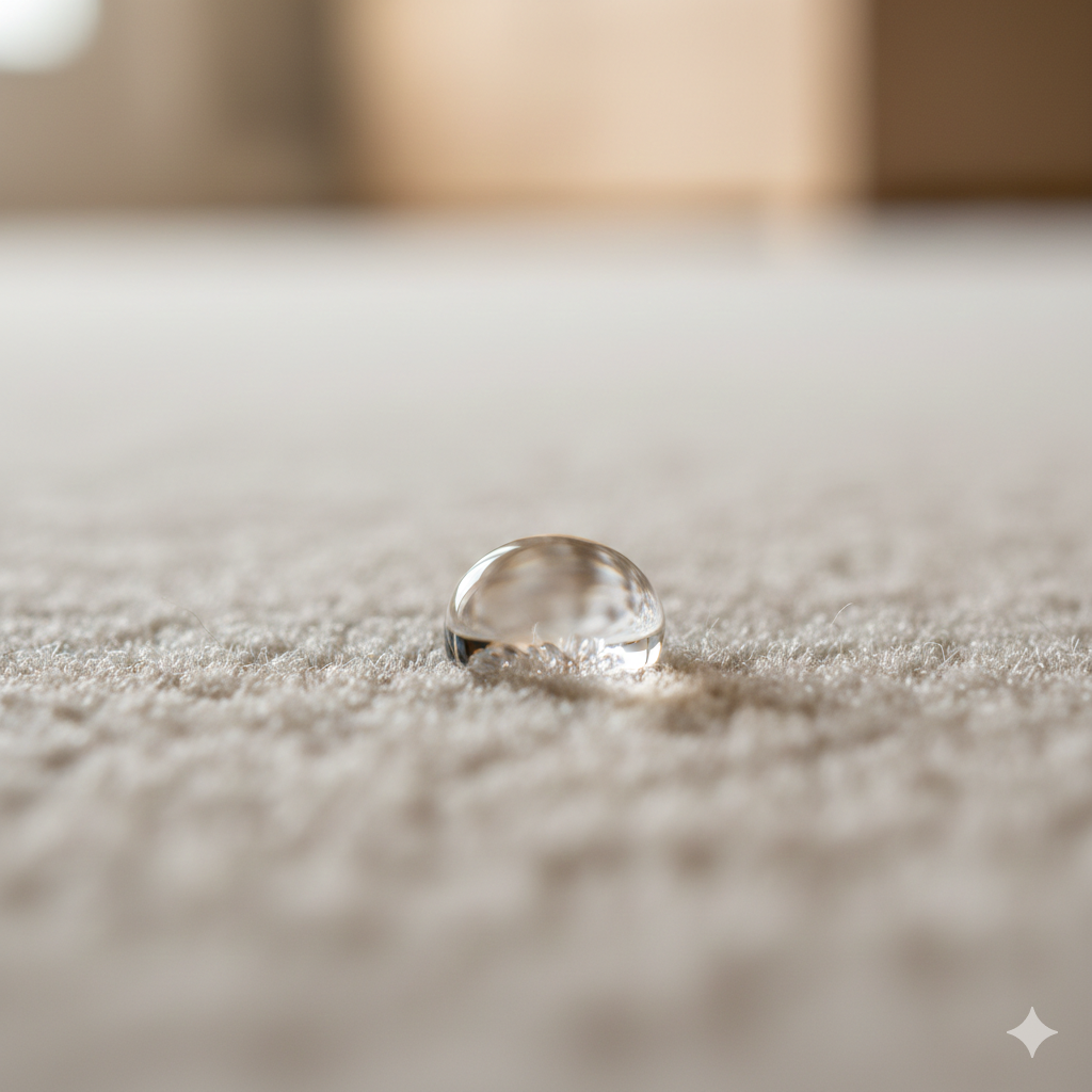 Water droplet on a light-colored, textured carpet.