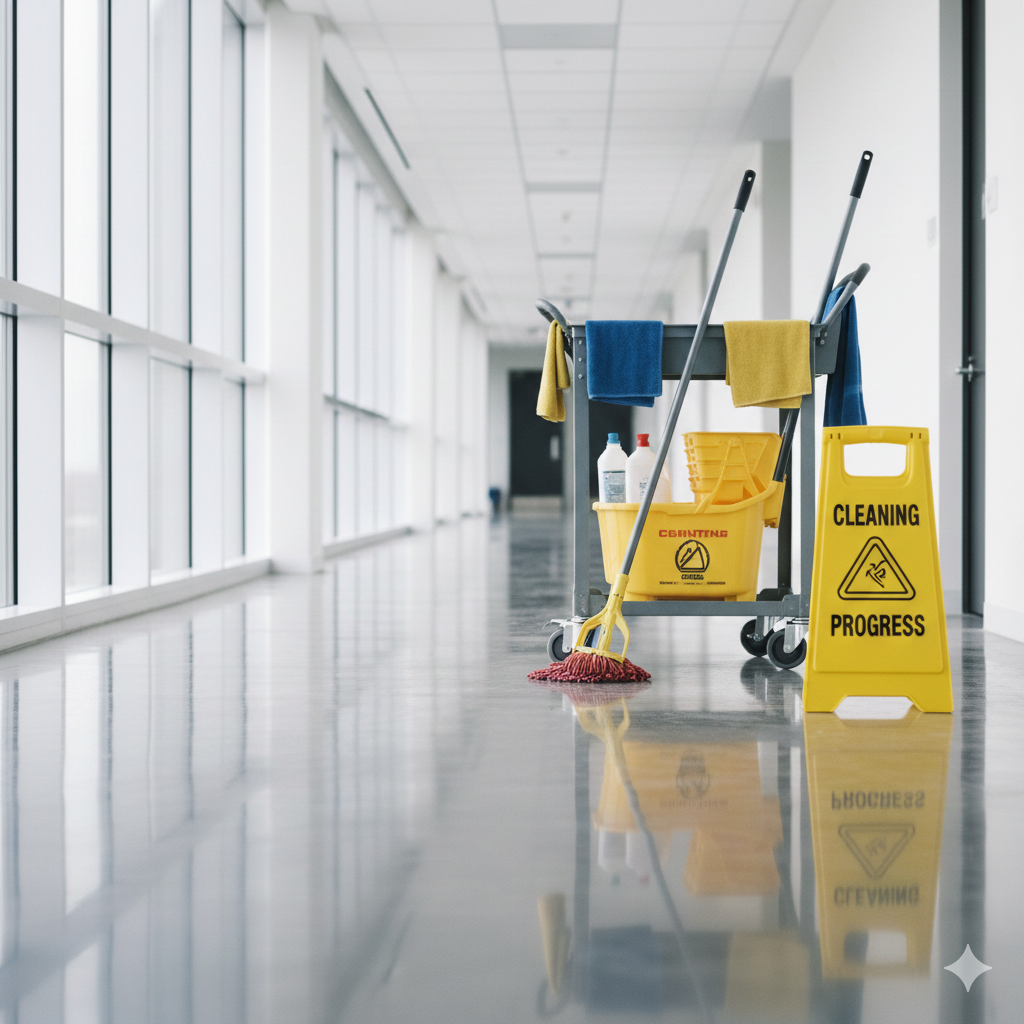 Wooden door slightly ajar over a black and white patterned tile floor, casting a shadow.
