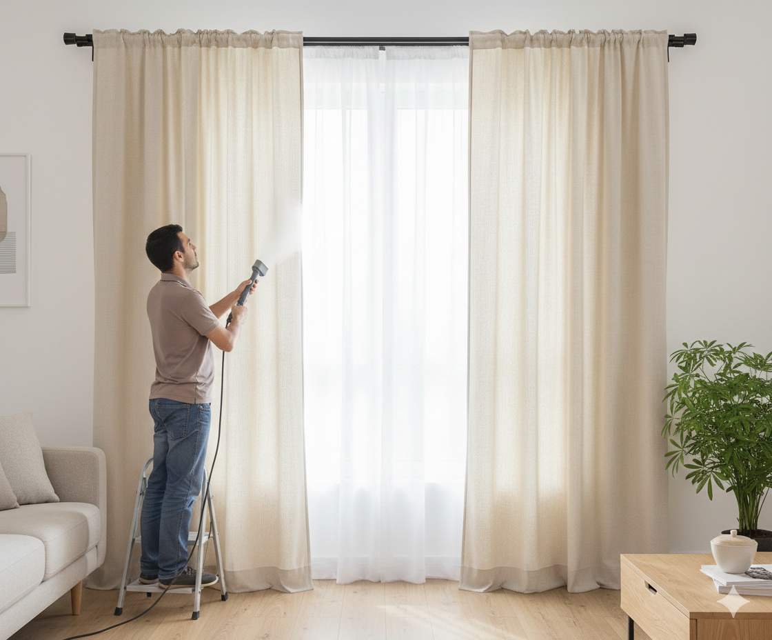 Man on a stepladder sprays curtains with a cleaning tool, in a bright room with beige curtains and a sofa.