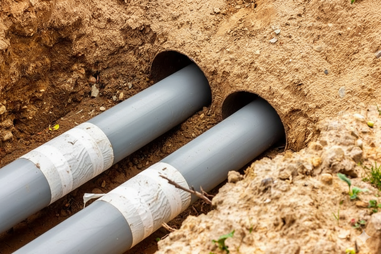 Two gray pipes buried in a trench, with duct tape visible.