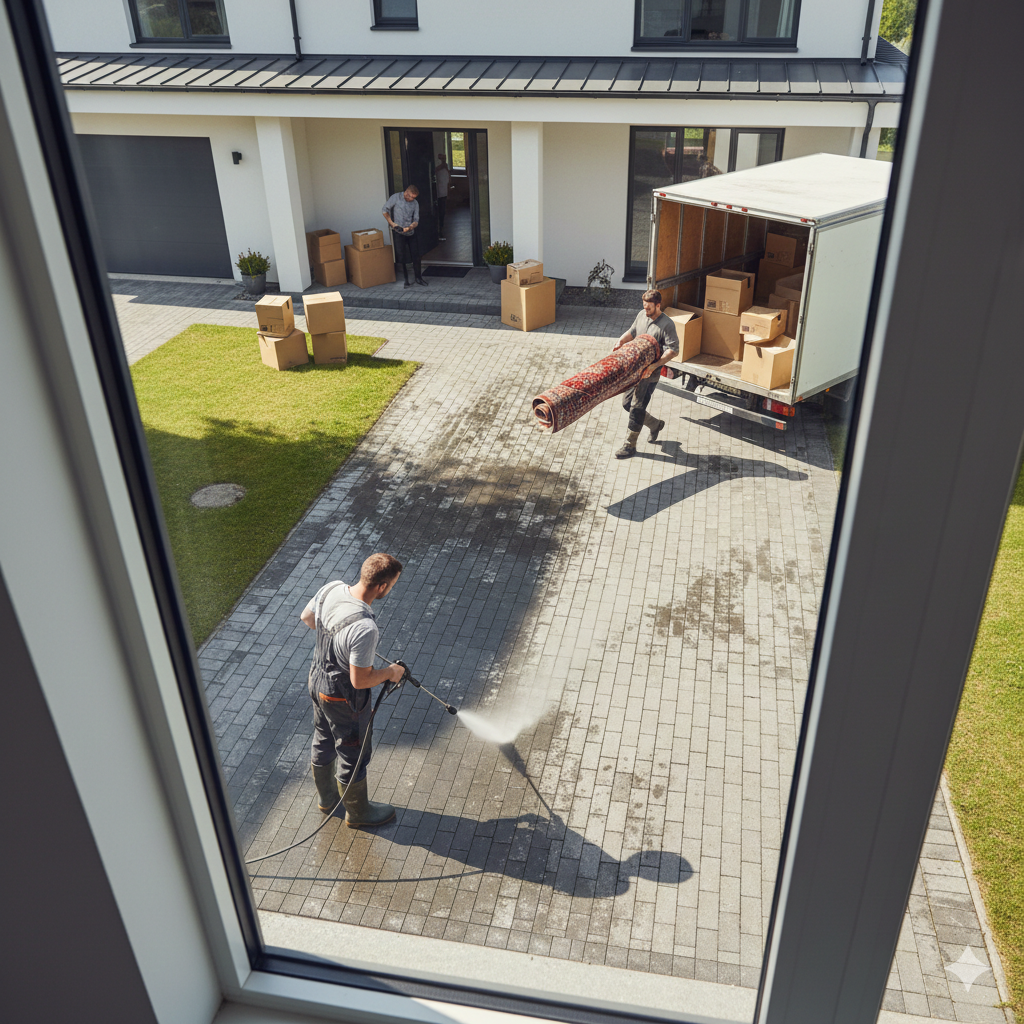 People moving boxes and a rug from a truck to a house, another person power washes the driveway.