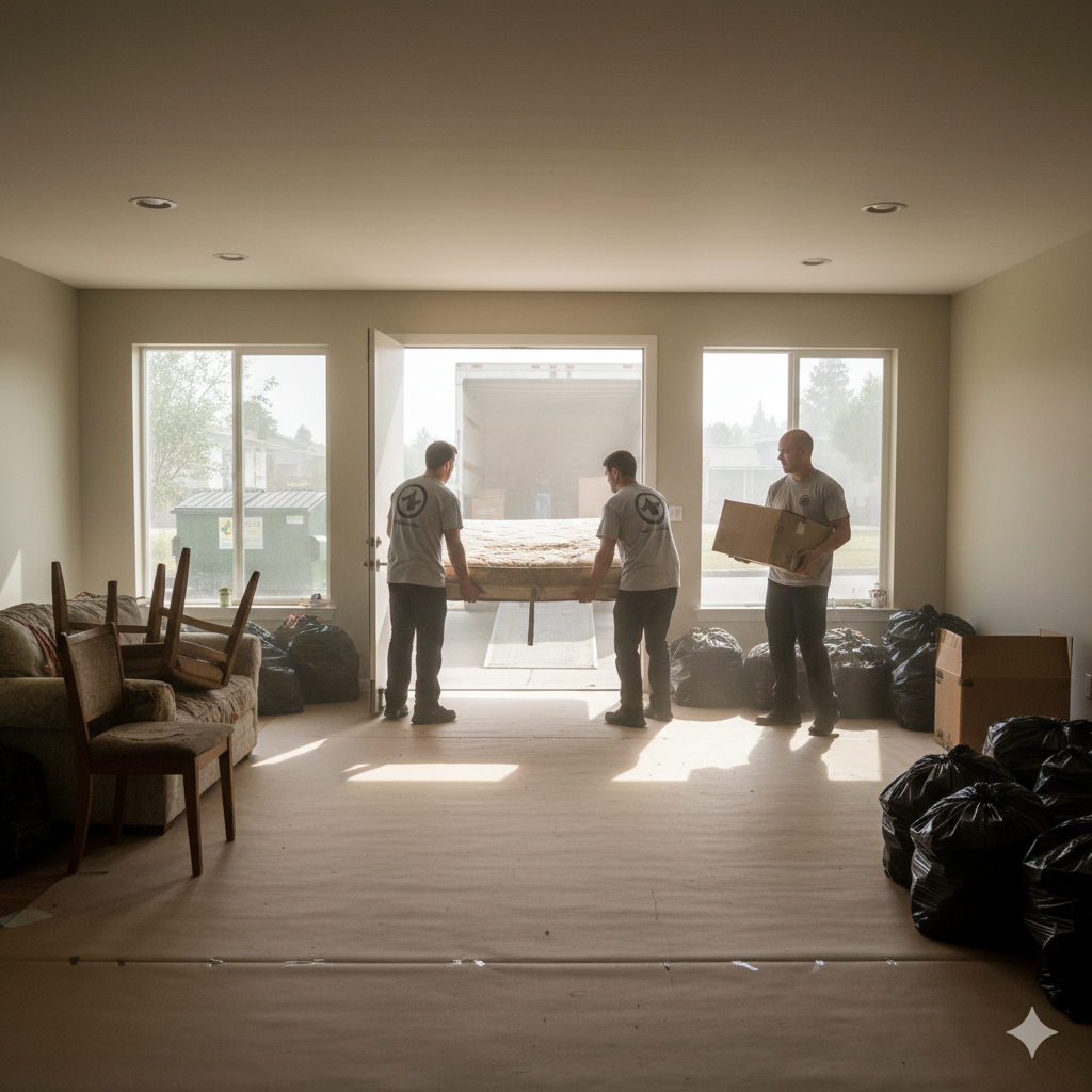 Three movers carrying furniture out of an empty room with large windows, surrounded by moving boxes and bags.
