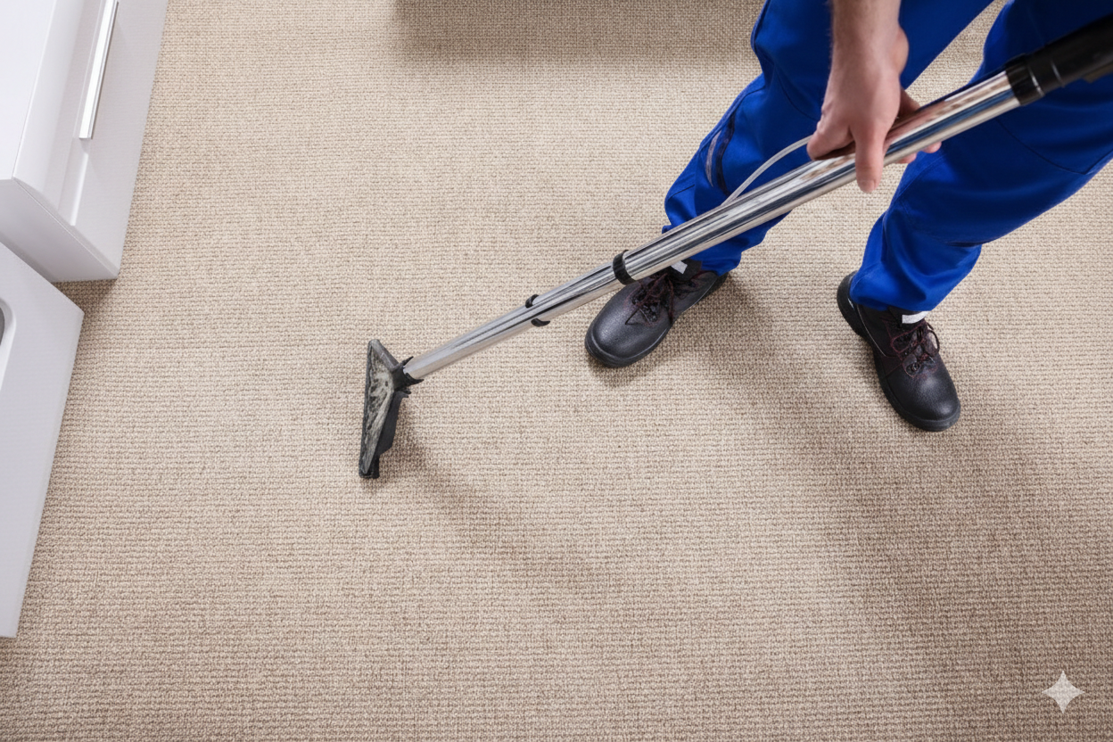 Person in blue uniform cleaning a beige carpet with a vacuum cleaner.