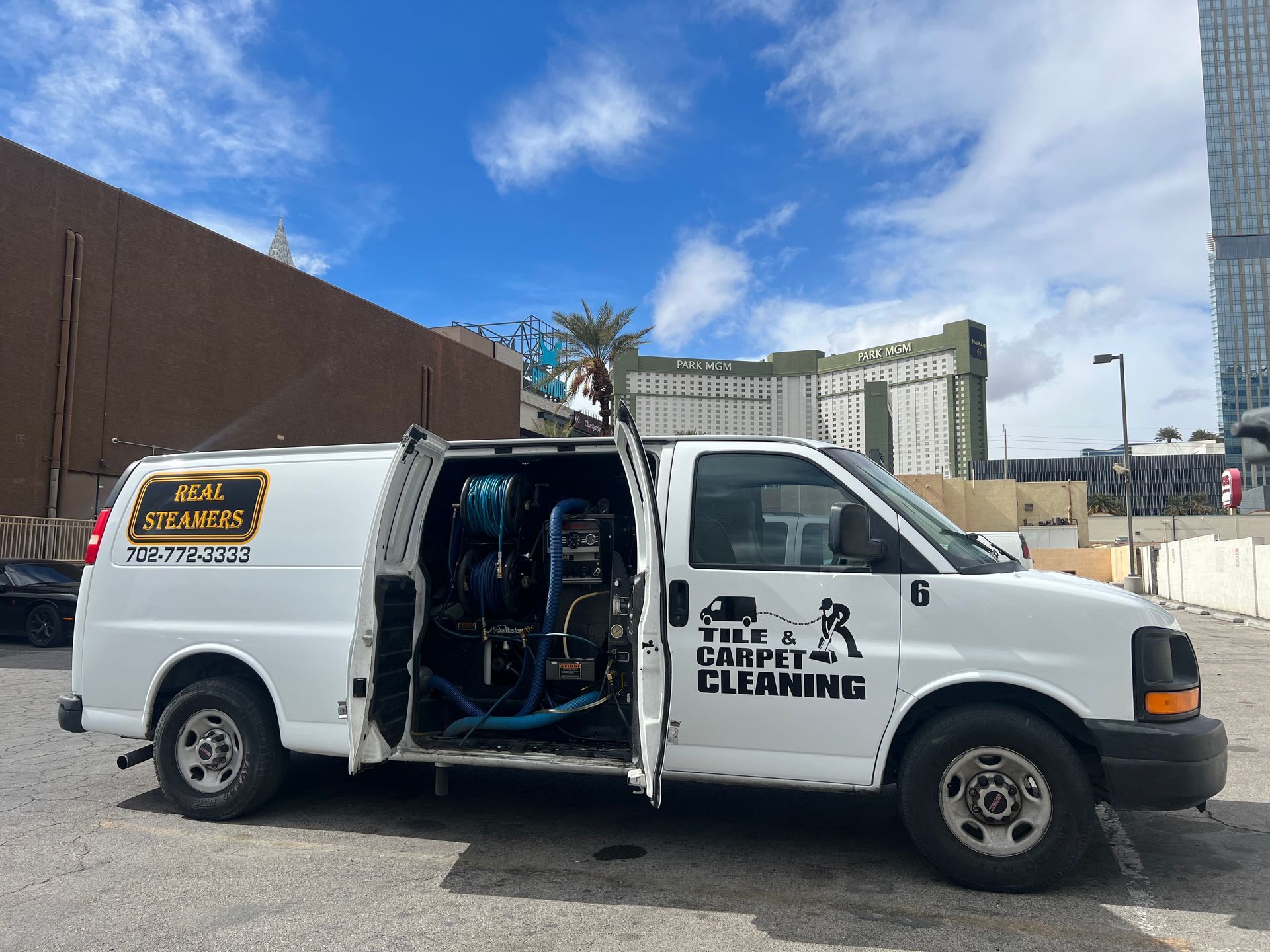 White carpet cleaning van with open doors, equipment visible, parked on pavement.
