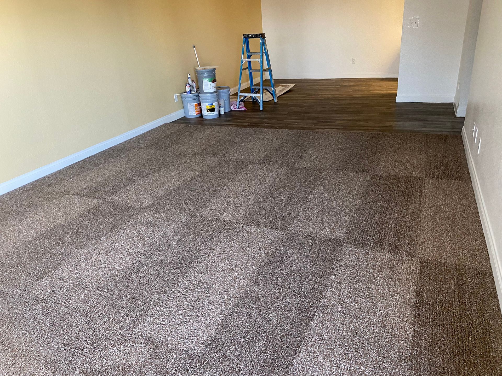 Room with brown carpet in foreground, wood floor in background, paint supplies, and a ladder.
