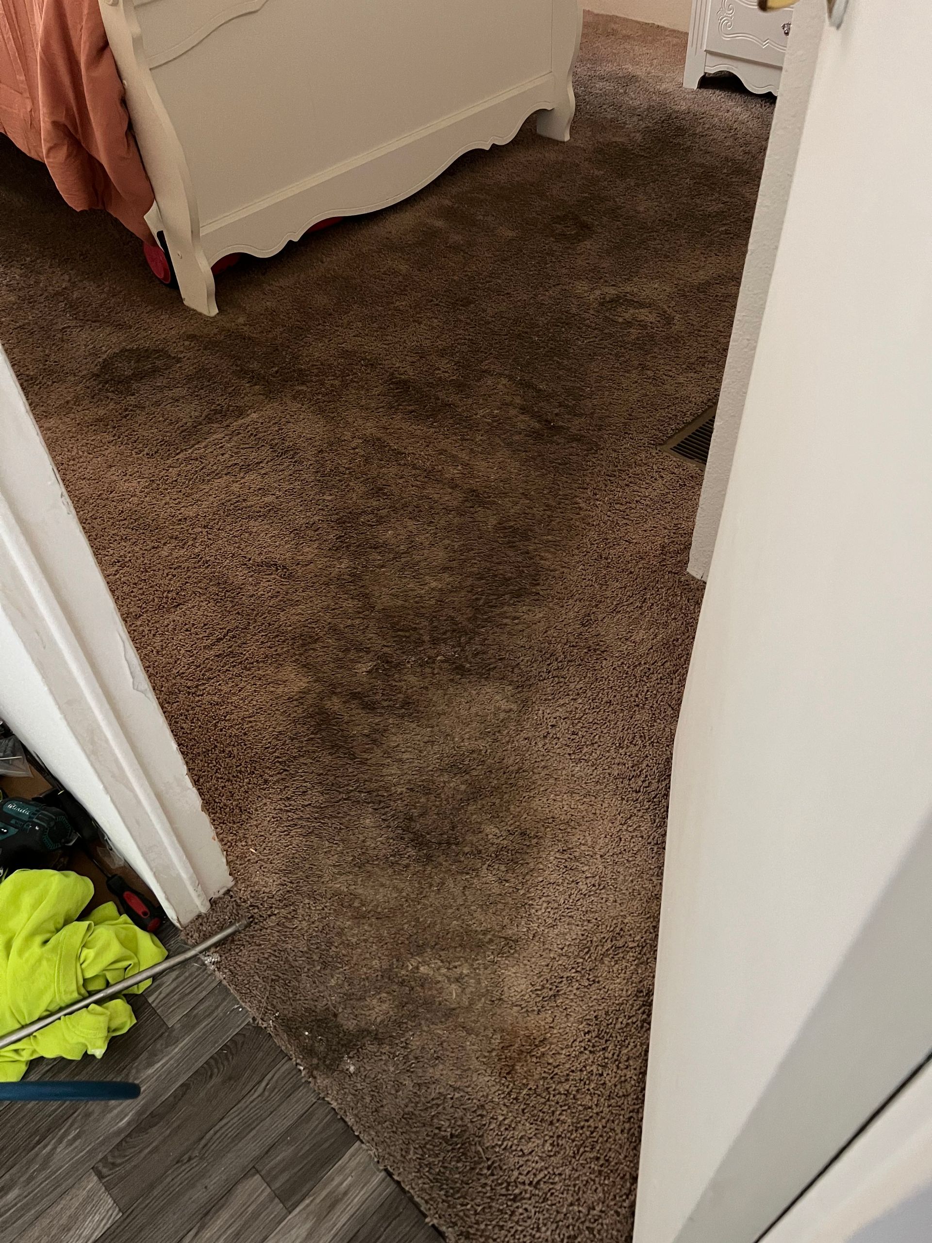 Brown carpet in a room with a white dresser and partially visible door. A mop lies on the floor.
