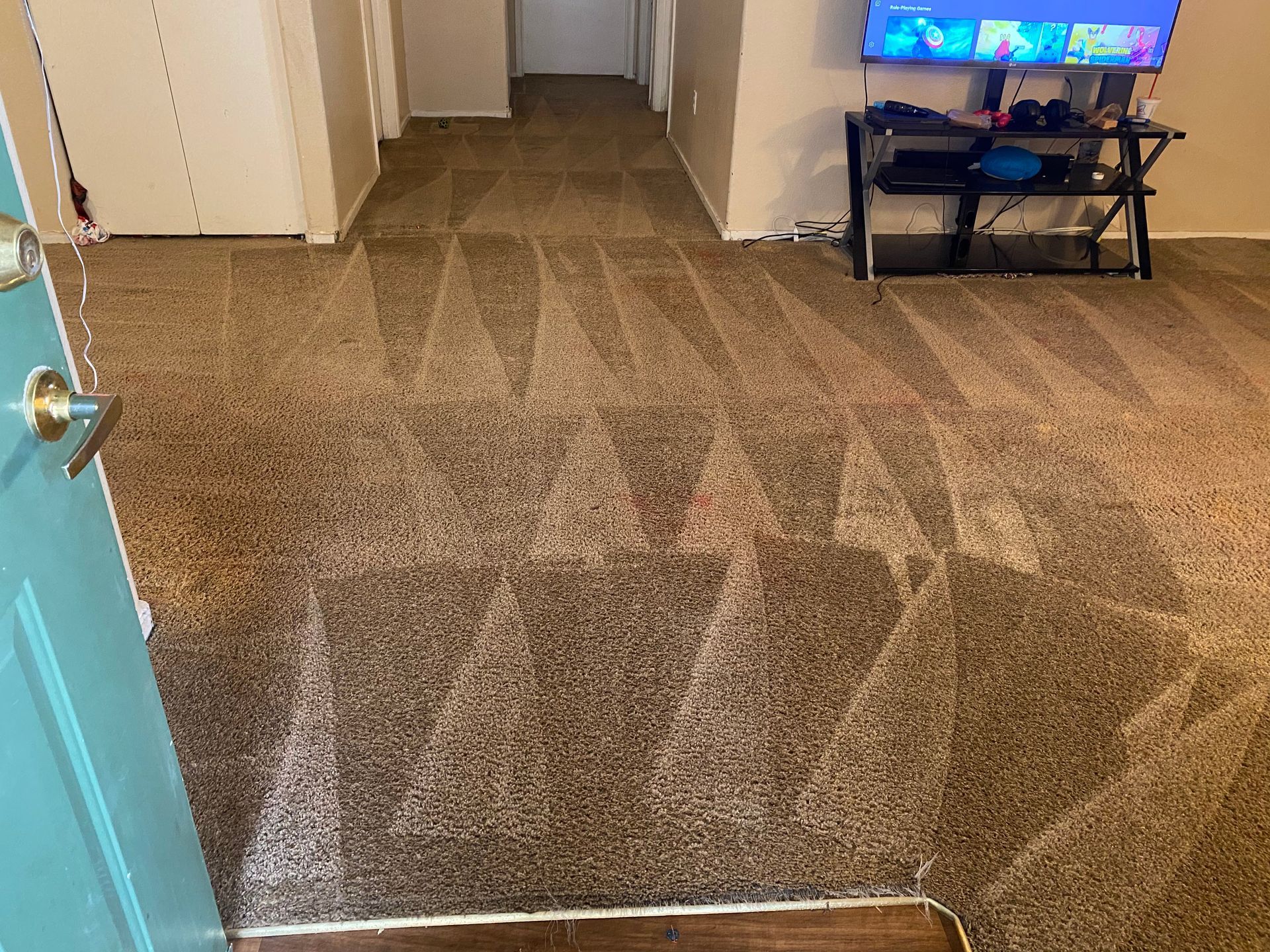 Brown carpet with a geometric pattern in a room with a TV and doorway.