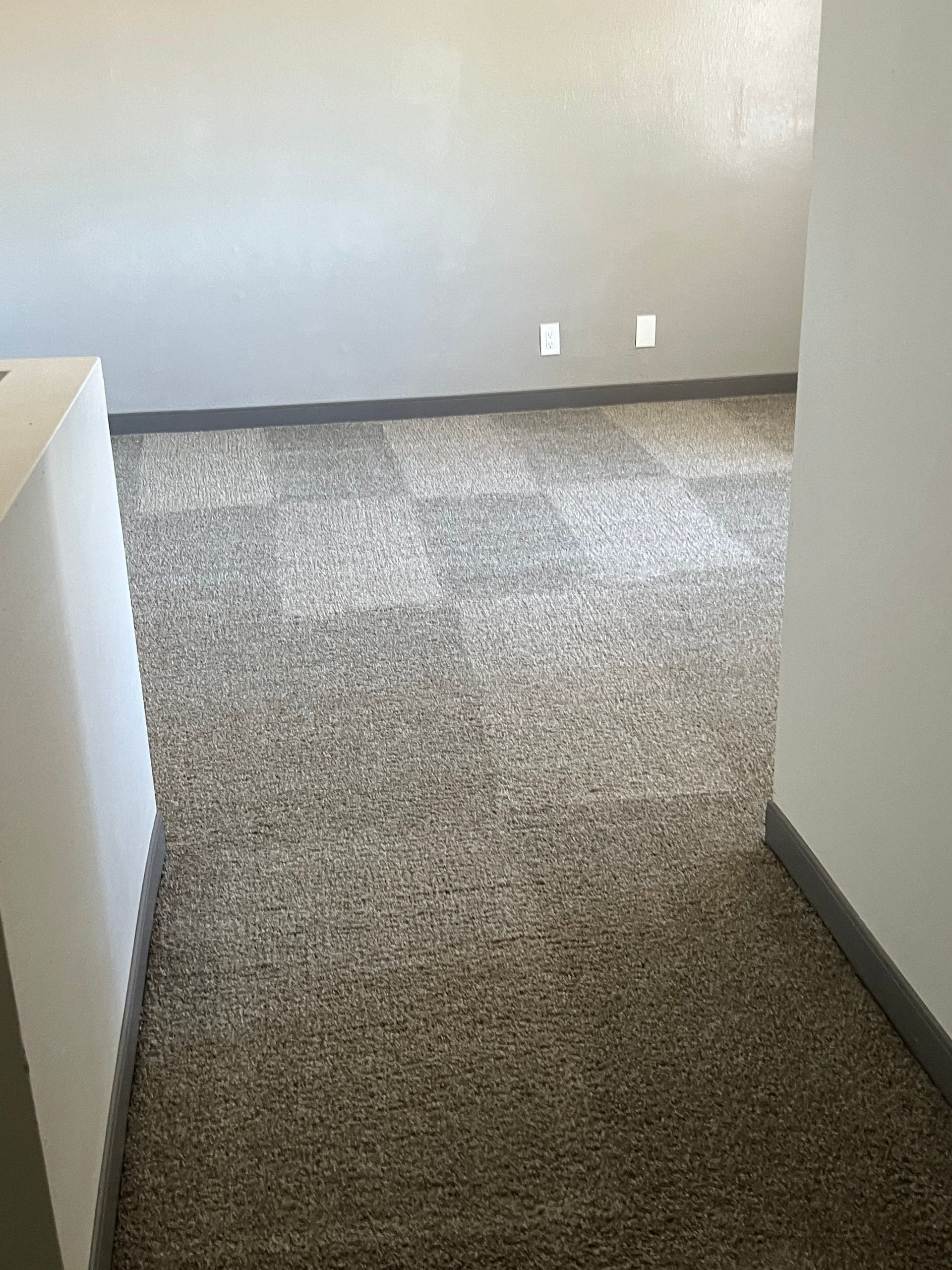 Carpeted room with white walls, and two electrical outlets.
