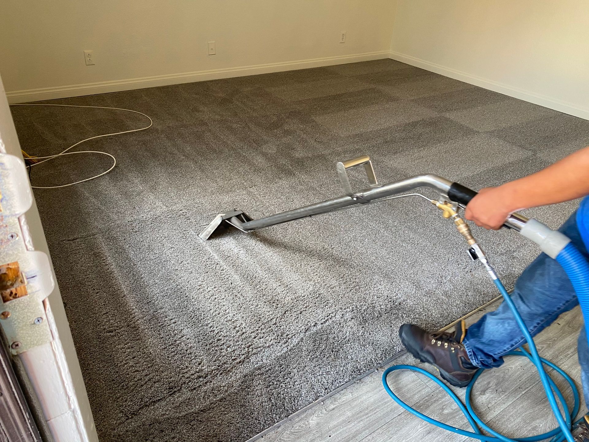 Person cleaning a gray carpet with a carpet cleaner in a room.