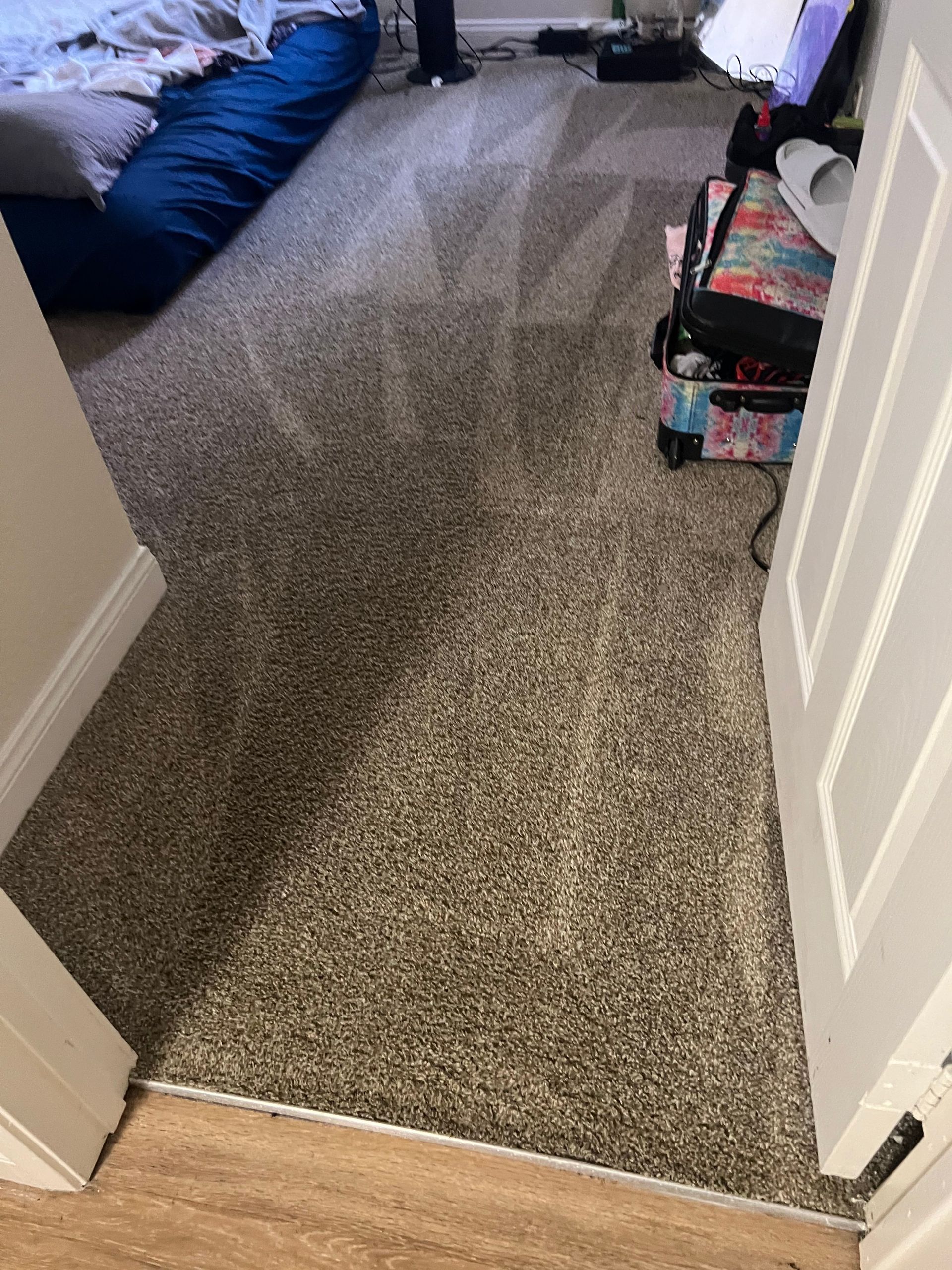 Beige carpeted room, with a bed, door, and electronic devices.