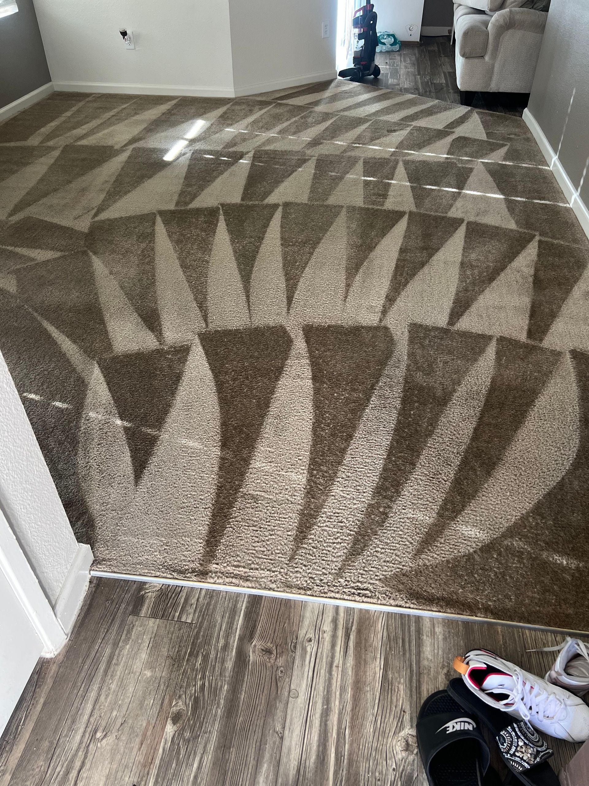 A brown carpet with a geometric pattern in a room with wood-look flooring.